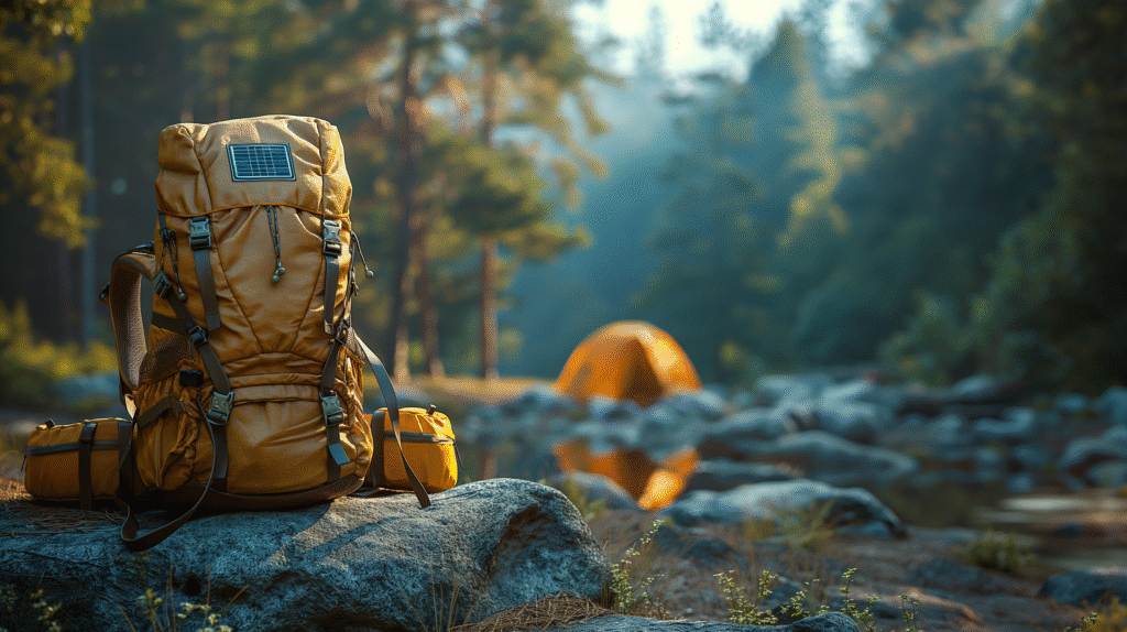 Student carrying a solar-powered backpack on campus while charging devices with sunlight.