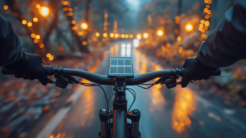 Cyclist riding at night with bright solar-powered bike lights illuminating the path, showcasing eco-friendly cycling.