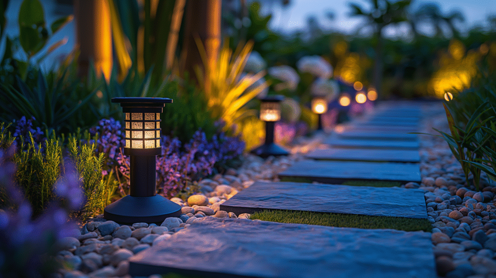 Elegant solar garden lights illuminating a landscaped yard with eco-friendly outdoor lighting.