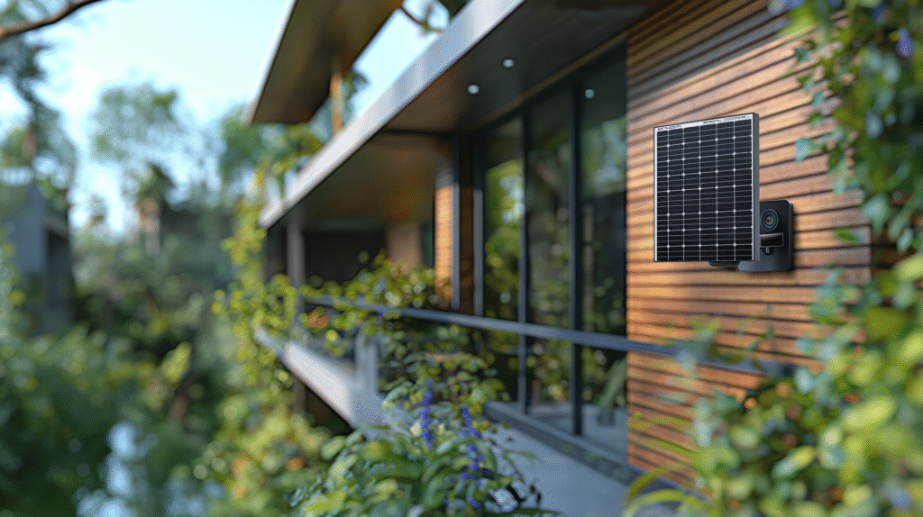 Solar-powered surveillance camera with built-in solar panel providing eco-friendly home and business security.