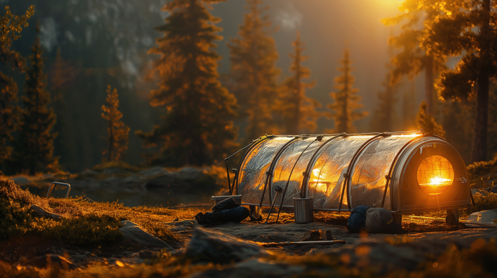 Illustration of a solar-powered oven cooking food outdoors under bright sunlight, symbolizing sustainable and eco-friendly living.