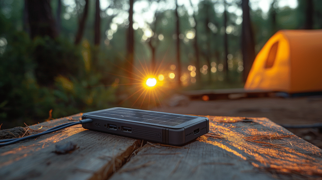 Traveler charging a smartphone with a solar power banks placed under direct sunlight outdoors.