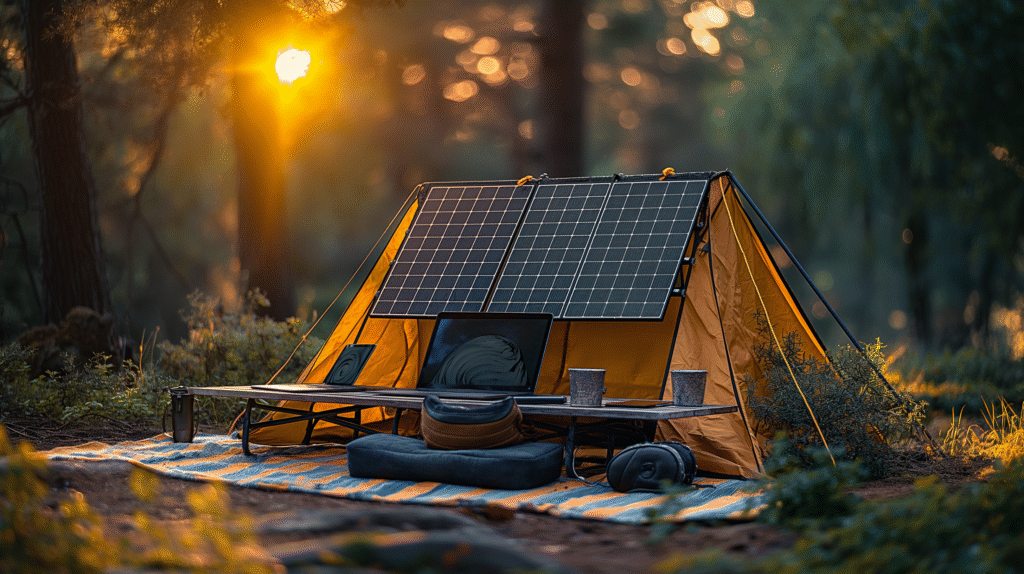 Solar laptop charger powering a laptop outdoors, showcasing eco-friendly and portable productivity on the go.