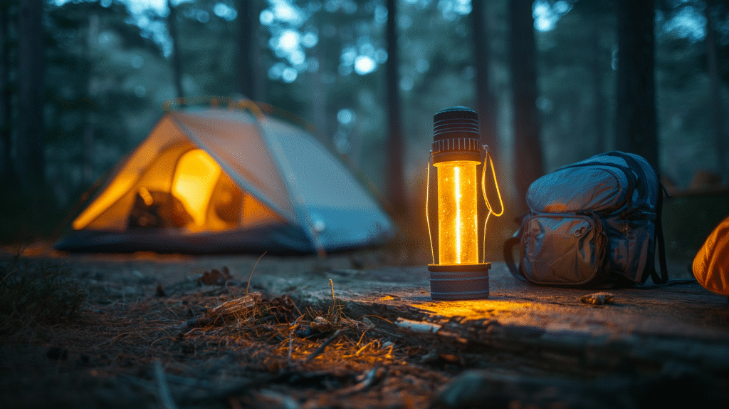 Eco-friendly solar-powered flashlight charging outdoors under sunlight, symbolizing sustainable portable lighting.
