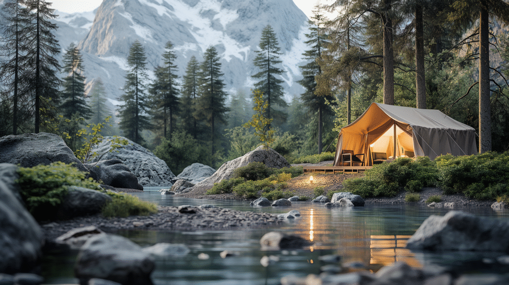 Modern eco-friendly solar-powered tent with rooftop solar panels set up in nature, providing renewable energy for campers.