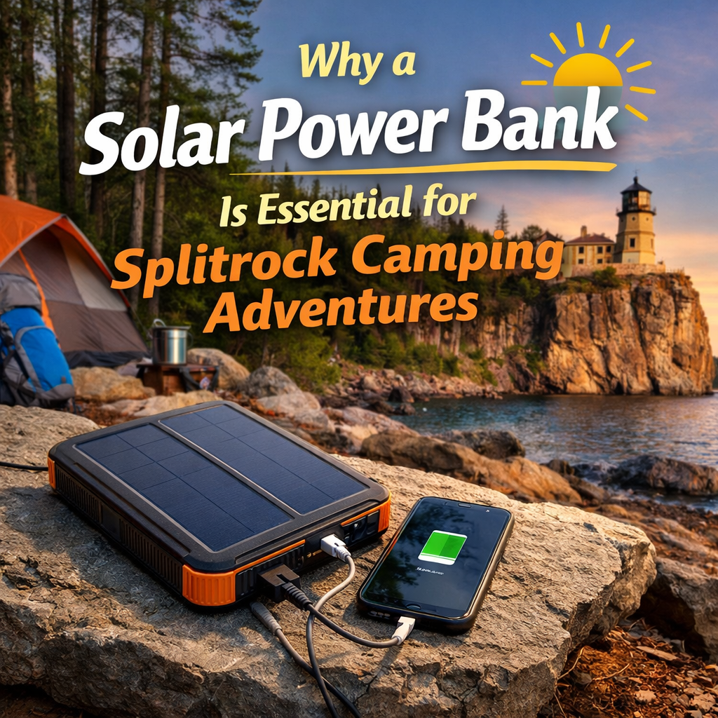 Solar power bank charging a smartphone at a Splitrock campsite near Split Rock Lighthouse during an outdoor camping adventure.