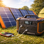 Solar power station with portable solar panels charging devices outdoors, showing clean and renewable energy in use