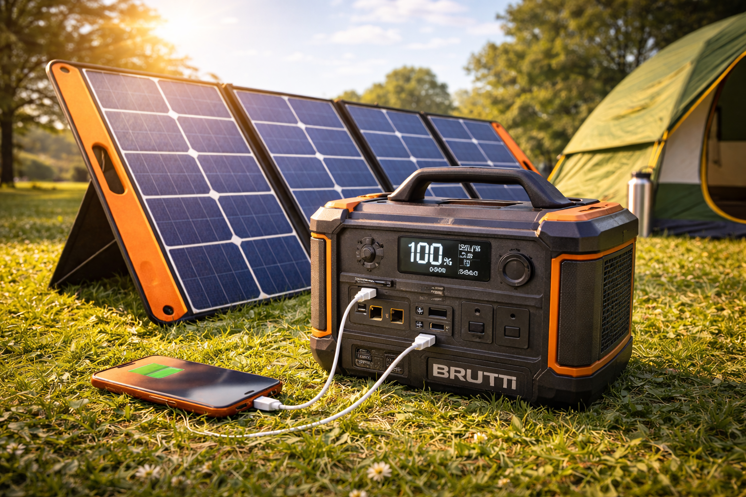Solar power station with portable solar panels charging devices outdoors, showing clean and renewable energy in use