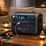 Portable power station powering phones, laptops, and lights outdoors, showing how a portable power station works for camping, travel, and emergency use.
