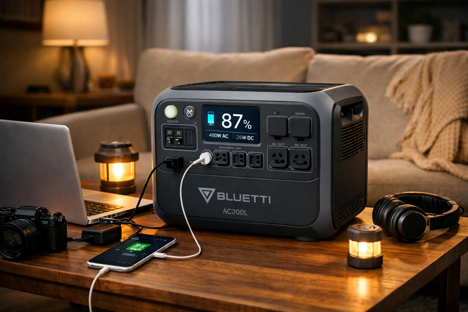 Portable power station powering phones, laptops, and lights outdoors, showing how a portable power station works for camping, travel, and emergency use.