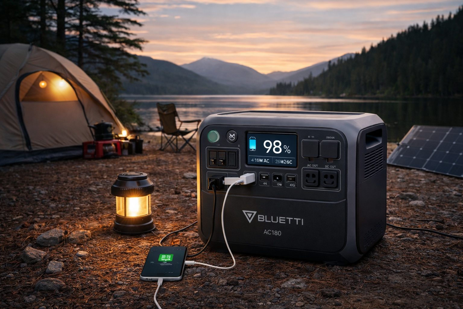 Portable power station charging devices at a campsite with tents and mountains in the background, showcasing clean solar-powered energy for outdoor use.
